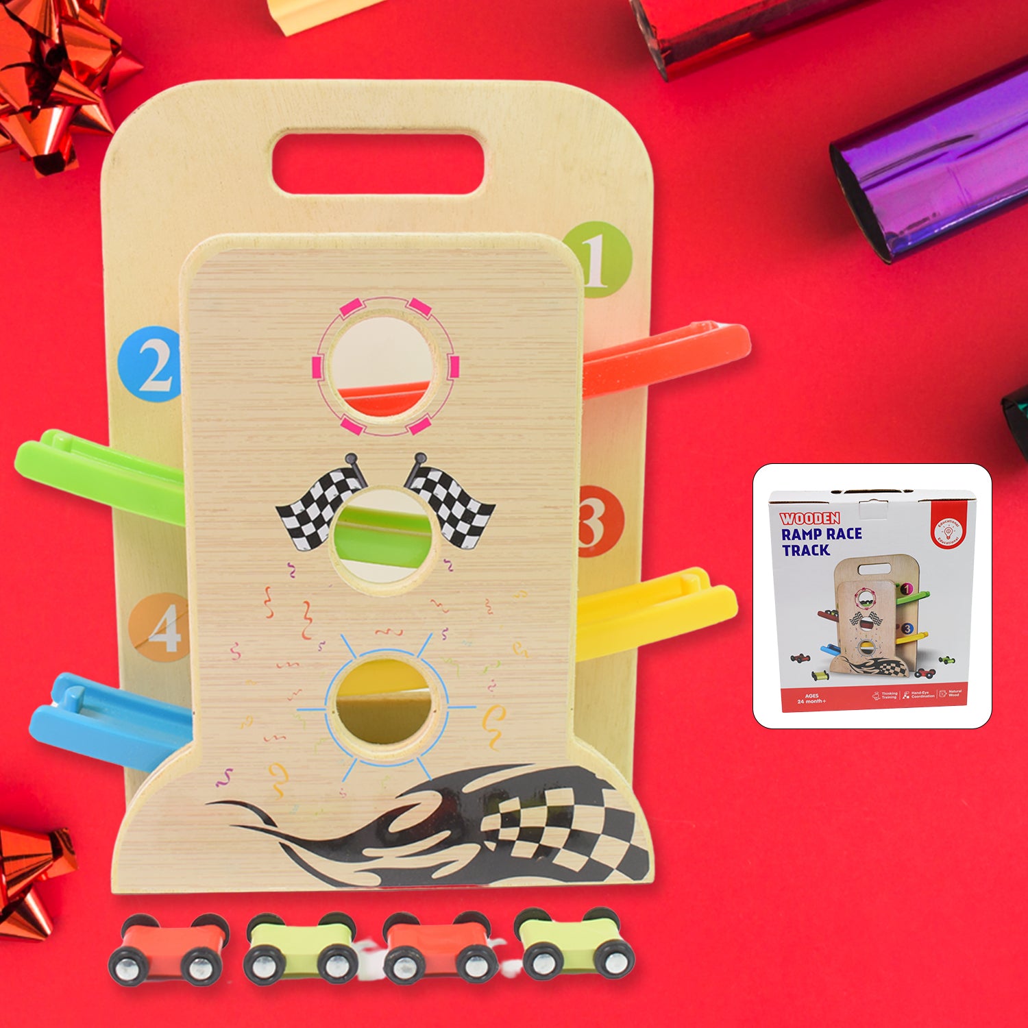 Wooden Ramp Racer Race Track Vehicle Play Sets With 4 Mini Racers (With Handle) Wooden Ramp Racer Race Track Vehicle Play Sets With 4 Mini Racers (With Handle)